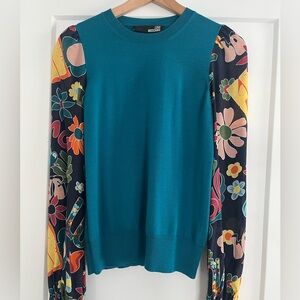 Gorgeous Love Moschino Teal Top with Colorful Floral Sleeves
